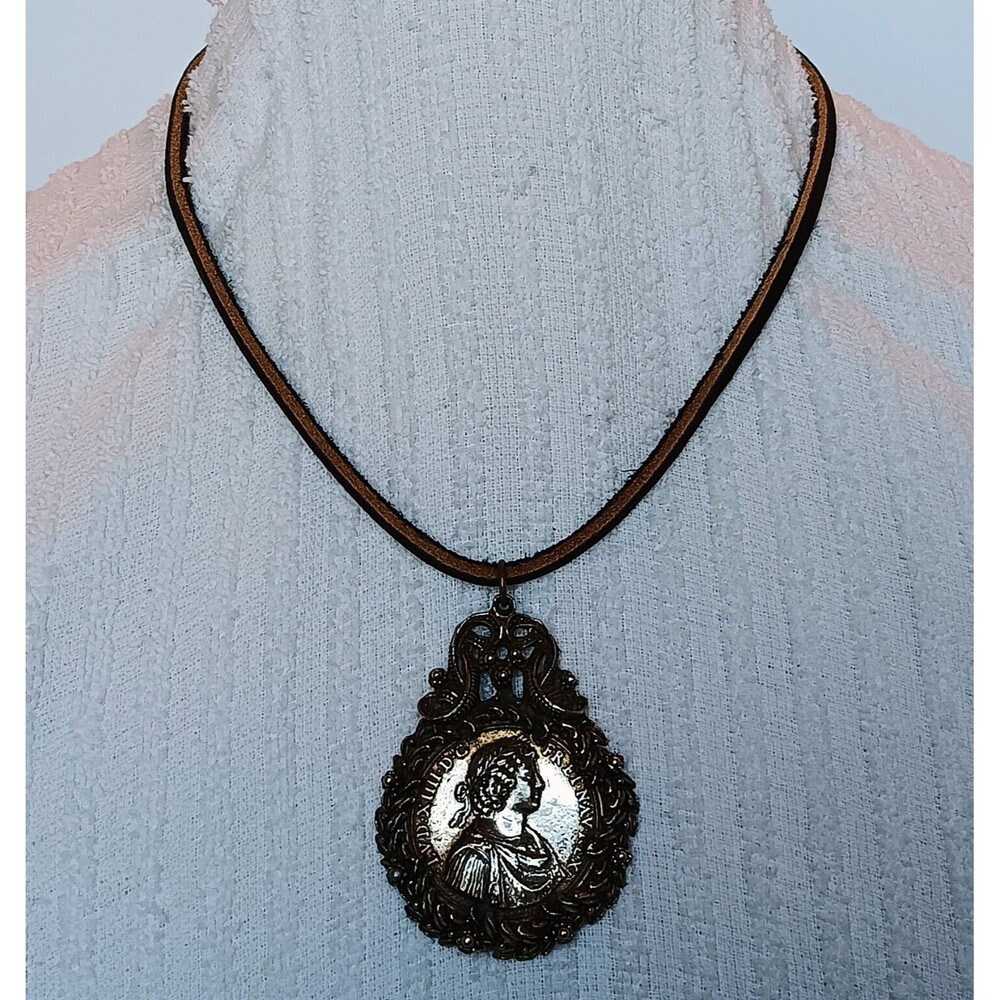 Vintage Silvertone Ornate Antique Replica Pendant on Modern Leather Cord 20 in